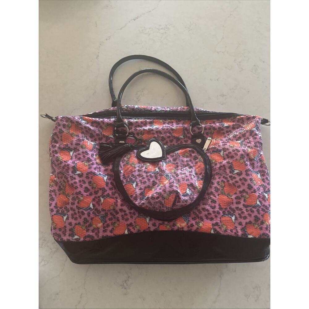 Betsey Johnson Large Y2K Glam Weekender Duffle Bag Pink Black Strawberry Leopard